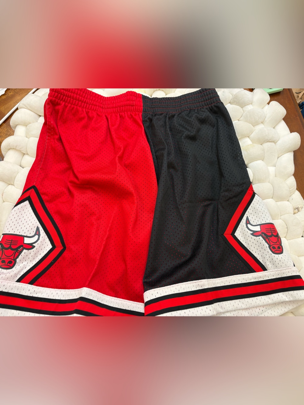NBA Red and Black Split Basketball Shorts with Chicago Bulls Logos